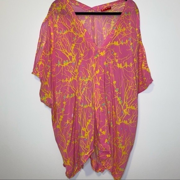 Josie by Natori Pink Yellow  Hippie Batik Kaftan Oversized Effortless Tunic L - Picture 1 of 8